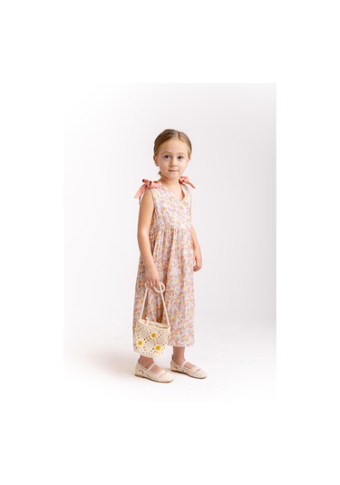 Omuzları Fiyonklu Çıtır Müslin Kız Çocuk Elbise Gül Kurusu Gülkurusu