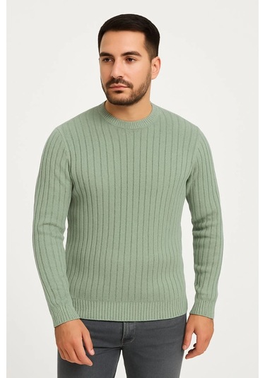 Erkek Bisiklet Yuvarlak Yaka Triko Kazak Pamuklu Kalın Fitilli Dokuma, Regular Fit Uzun Kollu Kışlık Mint Yeşili