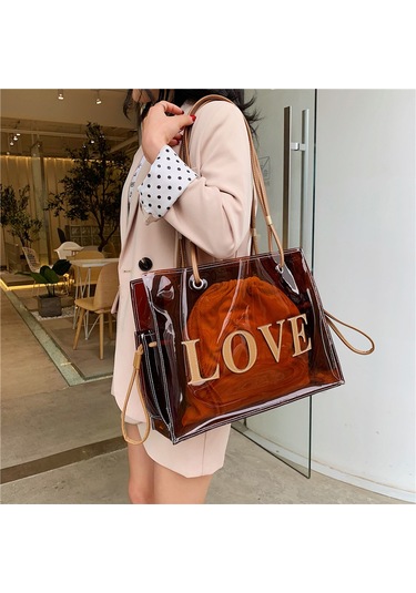 Moda Kadın Şeffaf Pvc Omuz Çantaları Jöle Şeker Rengi Büyük Kapasiteli El Çantası Tote Kahverengi