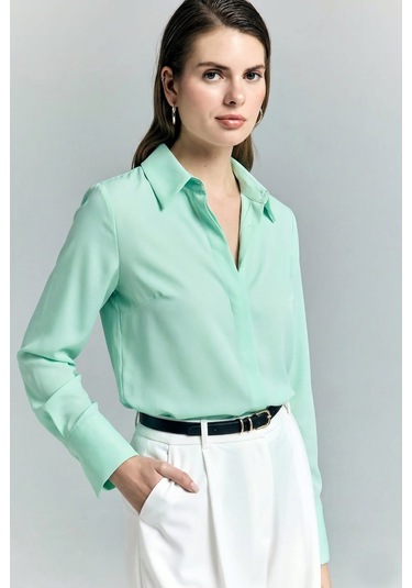 Sateen Klasik Düz Gömlek - Mint-128706