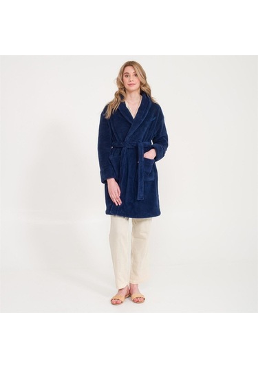Kadın Welsoft Şal Yaka Polar Sabahlık Lacivert
