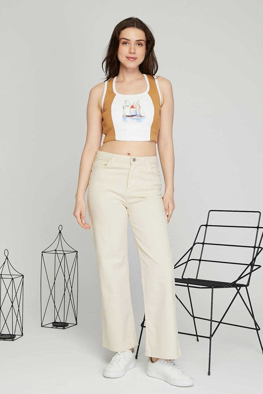 Kadın Deri Crop Ribana Kaşkorse Likralı Deri Garnili Baskılı Crop Büstiyer Deri Üzeri Baskılı Crop Camel