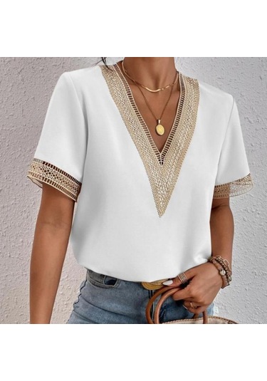 Kadın Modası Rahat Yaz Bahar Düz Renk Baskı Dantel Kısa Kollu V Yaka Bluzlar Ve Gömlekler Beyaz
