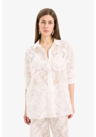DeFacto Regular Fit Dantel Detaylı Plaj Gömleği-Fall in Love D9768AX25SMWT16 Beyaz