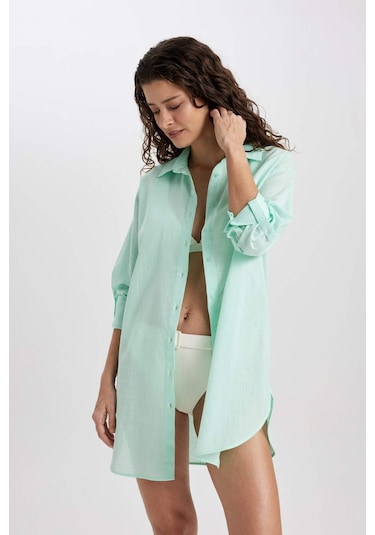 DeFacto Regular Fit Pamuklu Plaj Gömleği-Fall in Love W8241AZ24SMGN1229 Yeşil