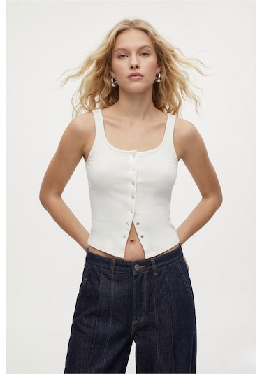 Ritnice Kadın Olivia Lux Touch U Yaka Çıtçıtlı Askılı Ekru Top / Bluz Ekru
