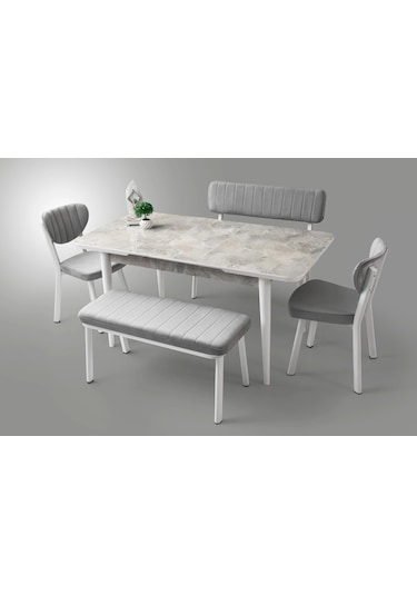 Ahşap Salon Yemek Masa Sandalye Takımı 4 Sandalyeli Ortadan Açılır Büyüyen 80x130 Cmmermer Desen