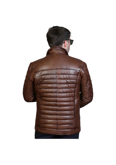 Derije Hakiki Deri Erkek Kahverengi Şişme Mont Kahverengi