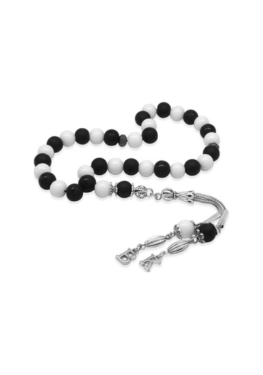 Kararmaz Metal Kişiye Özel Harf Püsküllü Küre Kesim Siyah Beyaz Jade Ayyıldız Oniks Doğaltaş Taraftar Tesbih Siyah - Beyaz