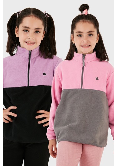 Lela Yumuşak Dokulu Yarım Fermuarlı Renk Bloklu Dik Yaka 2'Li Paket Çocuk Polar 5905004S2 Lila Siyah-Şeker Pembe Gri
