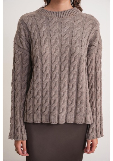 6973 Kadın Saç Örgülü Regular Basic Triko Kazak Toprak Toprak