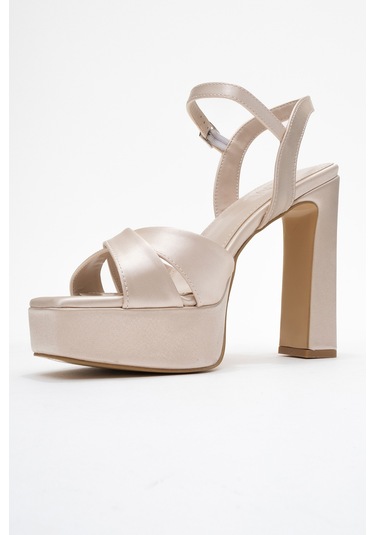 Yulia Bej Saten Çapraz Bantlı Kadın Platform Topuklu Ayakkabı Bej