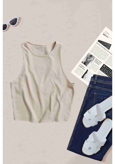 Merry See Tek Renk 1 Adet Kadın Kolsuz Örme Kumaş Bluz Crop Krem 001