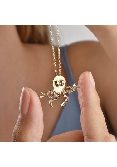 14 Ayar Mikron Altın Kaplama Ahtapot Figürlü Kolye Kırmızı Taşlı El Yapımı Tasarım - Cns00671 Altın