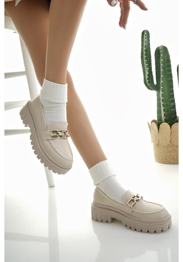 Muggo Samanta Garantili Kadın Loafer Kalın Taban Tokalı Günlük Casual Makosen Ayakkabı 001