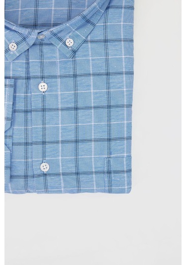 Tudors Büyük Beden Düğmeli Yaka Kareli Pamuklu Mavi Erkek Gömlek-29039-mavi Mavi