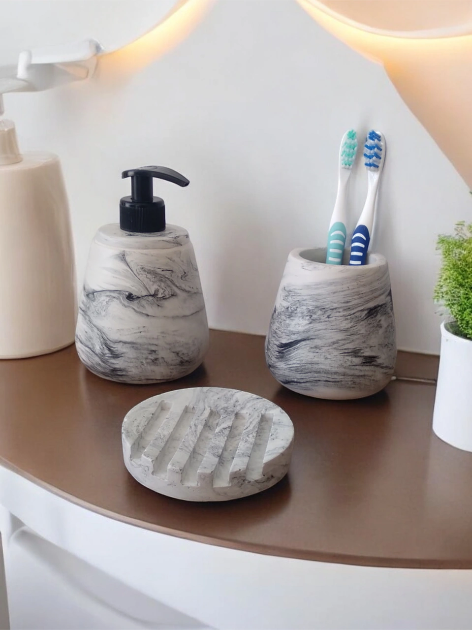 Mermer Desenli Gri Banyo Seti Gri