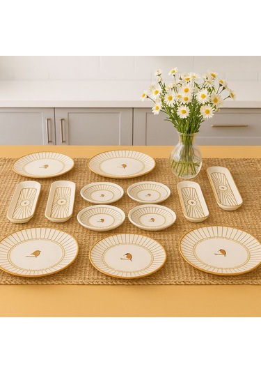 Seramık 6 Kısılık Kuş Desenlı 14 Parca Seramık Kahvaltı Takımı Beyaz