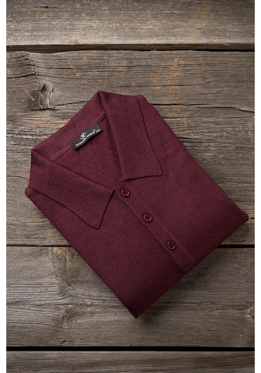 Woolen World Polo Yaka Battal Büyük Boy Yünlü Triko Kazak Bordo