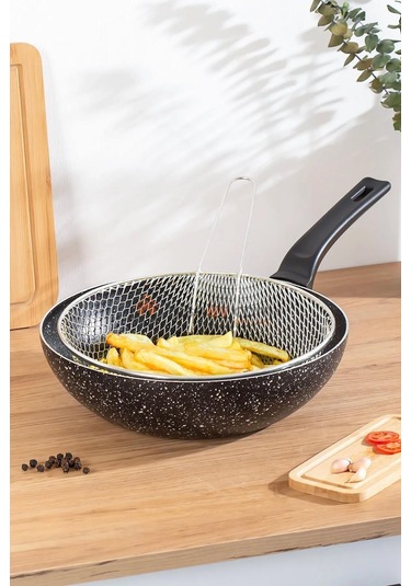 Nishev Emaye Lüks Yanmaz Yapışmaz Granit Kızartma Fritoz Wok Tava 26 Cm Siyah