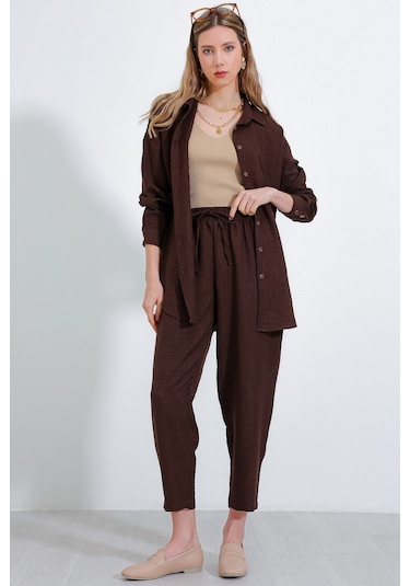 Bigdart Kadın Kahverengi Oversize Keten Alt Üst Takım 6622 6622bgd19-002-14380 001