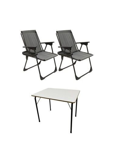 Natura 2 Adet Kamp Sandalyesi Oval Bardaklık Gri + MDF Masa Gri