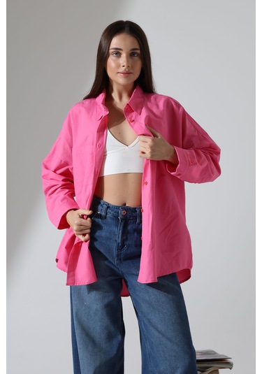 Yeni Sezon Poplin Kumaş Çift Cepli Oversize Pamuklu Kadın Tunik Gömlek Pembe