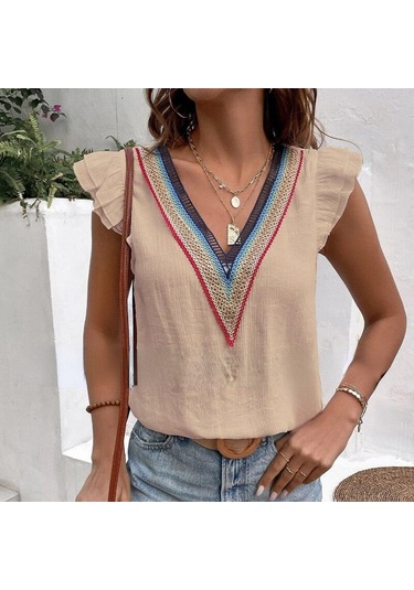 Yaz V Yaka Dantel Kelebek Kollu Kadın Bluz Zarif Rahat Kadın Beyaz Gömlek Moda Zarif Kolsuz Blusas Tops 25803 Orion Çok Renkli