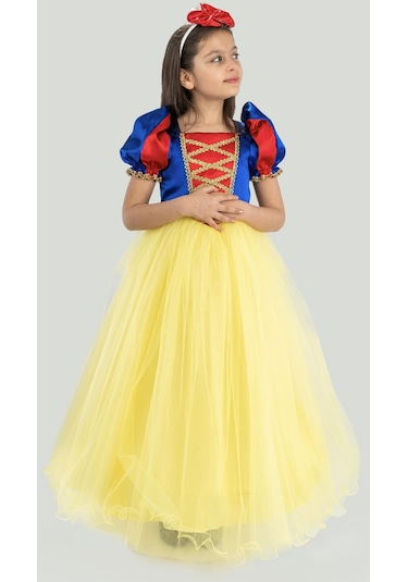 Pamuk Prenses Kız Çocuk Doğum Günü Parti Elbisesi Uzun Etekli Taçlı - Sarı