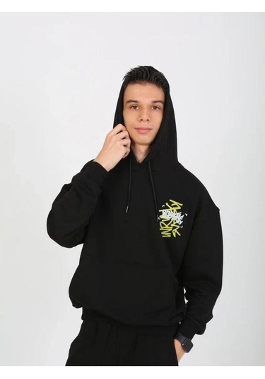 Erkek Çocuk 2 İplik Yazı Detaylı Kapüşonlu Sweatshirt-15232 Siyah