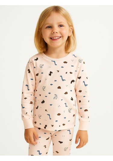 Kız Çocuk Dinozor Baskılı Pamuklu Pijama Takımı-16054 Pudra