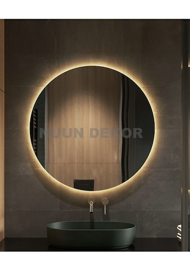 Nuun Dekor 80cm Günışığı Ledli Dekoratif Banyo Aynası / Dekoratif Duvar Aynası / Ledli Yuvarlak Ayna - Trafolu Şeffaf