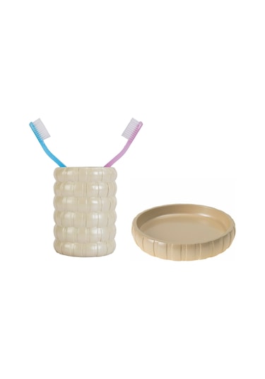 DİŞ FIRÇALIK VE SABUNLUK 2 Lİ BANYO SETİ,KREM ÖRGÜ Krem