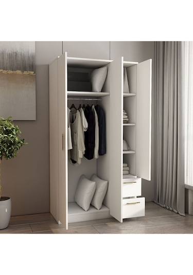 Merlin 3 Kapaklı, Çekmeceli, Raflı Gardırop, Yatak Odası Dolap, Elbise Dolabı İstanbul Ceviz - 172 Cm / Beyaz