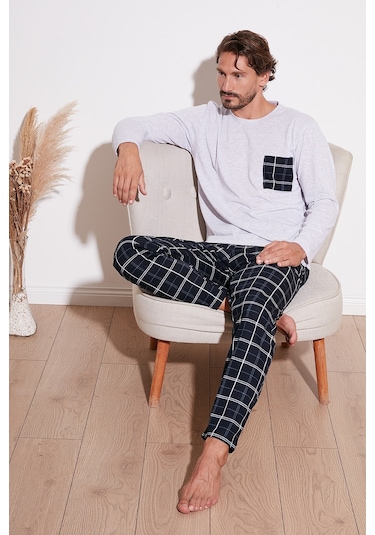 Buratti Ekoseli Cepli Beli Lastikli % 100 Pamuk Regular Fit Erkek Pijama Takımı 6572001 Gri Melanj