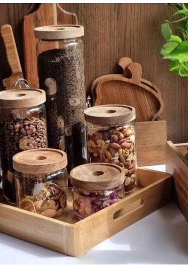 The Mia Ahşap Kapaklı Cam Saklama Kabı 500 Ml Cam0317