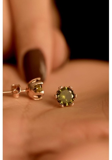 Ağustos Peridot Doğum Taşı Rose Tektaş Çivili Gümüş Küpe