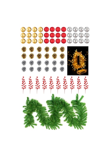 Waldern Premium 72 Parça Garland Handmade Yılbaşı Dekorasyon Seti 2.7m Garland+kokina+kozalak+top+led Işık 270 CM