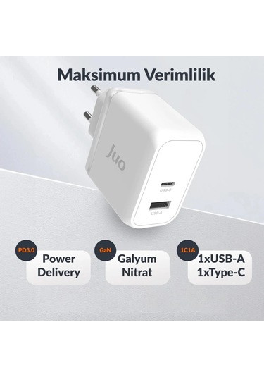 Juo 65W GaN USB-C + USB-A Şarj Aleti iPhone & iPad & Macbook & Notebook Uyumlu PD Type-C Hızlı Şarj Cihazı Beyaz