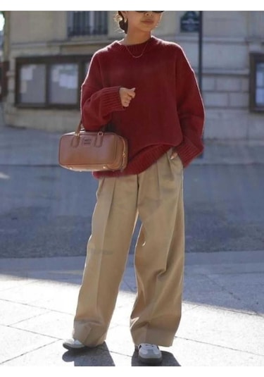 Kozia Outdoors Bisiklet Yaka Salas Oversize Triko Kazak Bordo