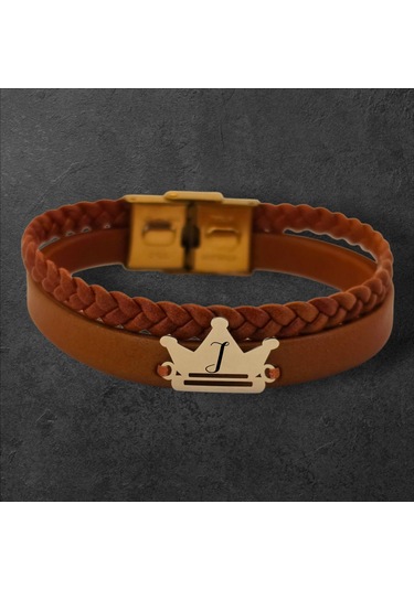 Archin J Harfine Özel Kahverengi Derili Taç Motifli 14 Ayar Altın Plakalı Hediye Bileklik-467harf J