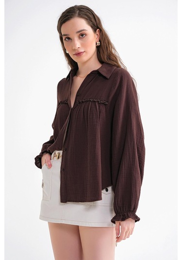 4677 Kadın Dantel Detaylı Müslin Gömlek Kahve Kahve