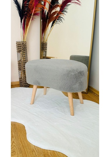 Fasulye Model Ahşap Ayaklı Teddy Kumaş Dekoratif Puf Bench Gri