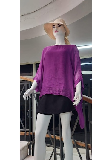 İtalyan Yarasa Kollu İpek Bluz Açık Mor