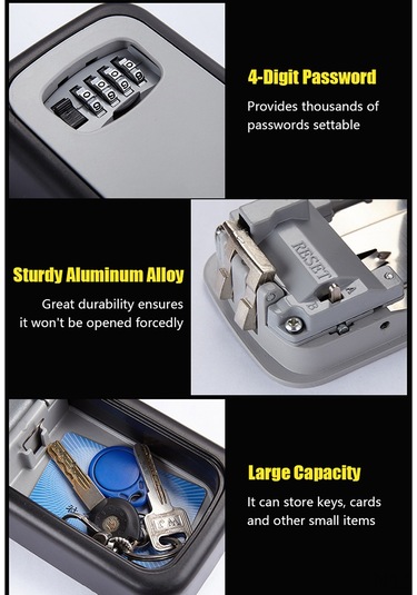 Kosona Kilit Saklama Kutusu, 4 Basamaklı Kombinasyonlu, Alüminyum, Güvenli Anahtar Depolama, Siyah Ks017 Diğer