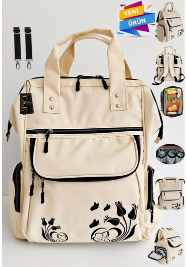 Bebek Bakım Çantası Organizatör Fonksiyonel Lüx Anne Bebek Bakım Sırt Çantası Lale Krem