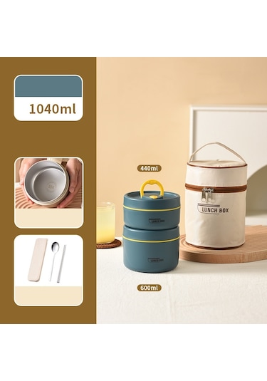 Küçük + Büyük + Çatal Bıçak Takımı + Isınma Çantası 304 Paslanmaz Çelik Yalıtımlı Öğle Yemeği Kutusu İşe Gidip Gelmek İçin Öğle Yemeği Kutusu Mavi