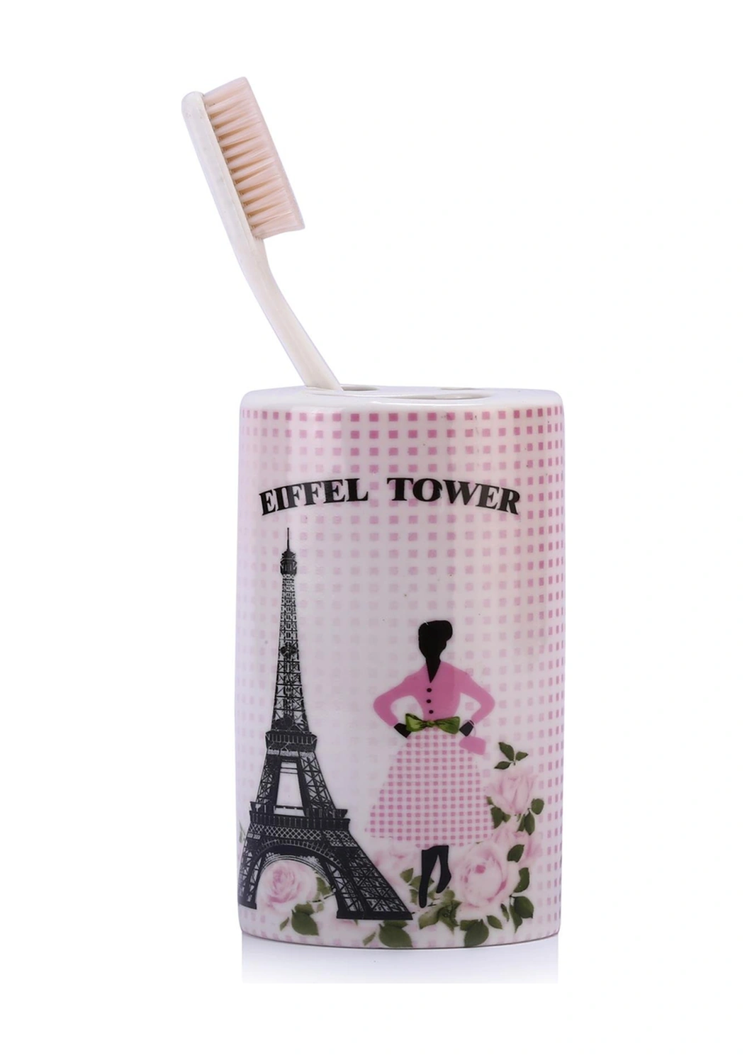 2 Adet Seramik Diş Fırçalık Eyfel Kulesi Model 7x7x11cm Banyo Seti Çok Renkli