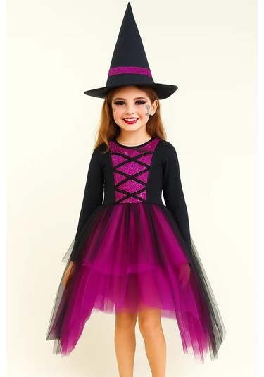 Cadılar Bayramı Halloween Fuşya-siyah Şapkalı Cadı Kız Çocuk Kostümü