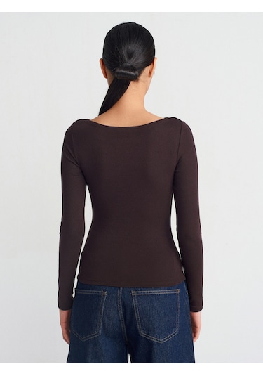 Dilvin 31332 Kayık Yaka Uzun Kollu Top Koyu Kahve